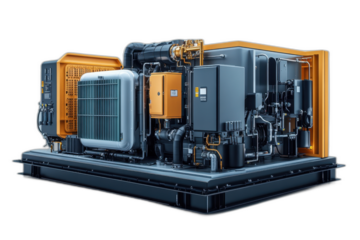 Powerful diesel generator producing electricity, with exhaust pipes and control panel, isolated on transparent background.