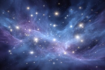 Naklejka premium A captivating view of a deep space nebula filled with bright stars and swirling clouds of vibrant blue and purple, creating a celestial masterpiece in the universe.