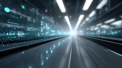 A futuristic tunnel with glowing lights, digital elements, and a vanishing point, evoking speed, technology, and innovation.