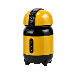 Yellow and black insulated bottle with a unique design. The bottle has a glossy finish and stands on four small feet. It's isolated on a transparent background.