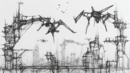 Obraz premium Intricate, futuristic cityscapes sketched in pencil.