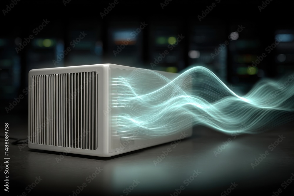 Poster abstract representation of data transmission with server racks and light beams, visualizing network 