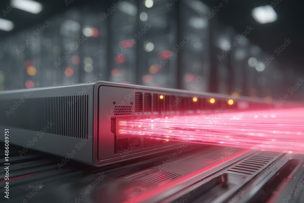 Poster a server rack with glowing red light depicting data streams in a data center environment, showcasing