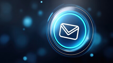 Fototapeta premium A glowing digital envelope icon on a blue, futuristic background symbolizes email or messaging technology.