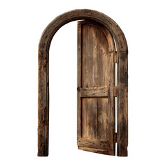 An old, rustic wooden arched door partially open, showcasing weathered wood texture and craftsmanship.