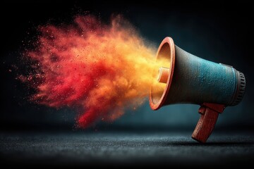 A vibrant explosion of color emanating from a vintage megaphone, symbolizing powerful announcement, creative expression and explosive marketing campaign.