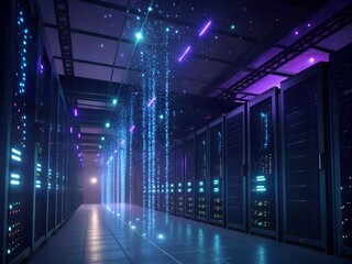 Futuristic photo of a dark server room filled with floating glowing blue and purple data streams, light particles and holographic elements flying in the air, high-tech environment, depth of field.