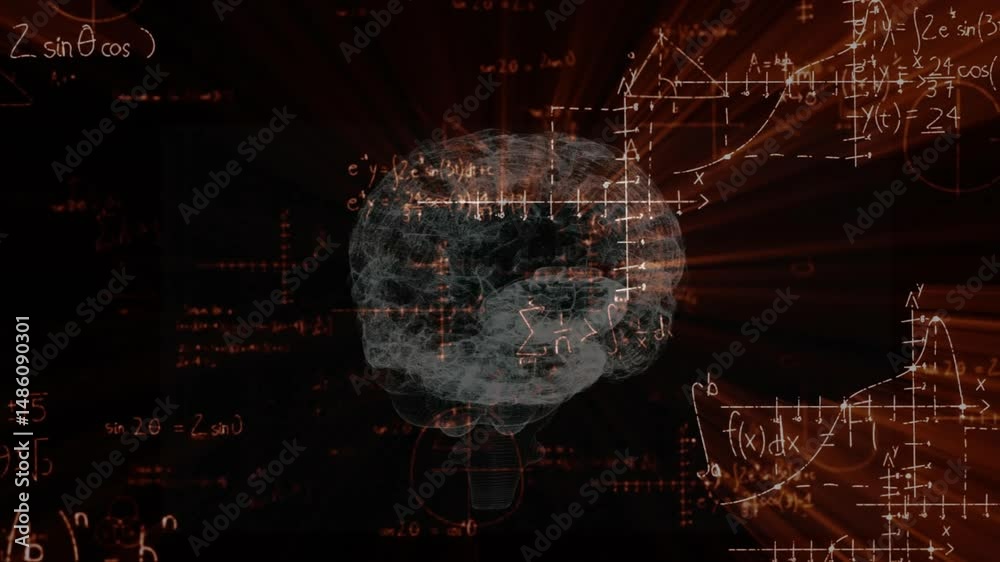 Poster semi-transparent 3d brain model glowing with floating integrals summations graphs and orange beams