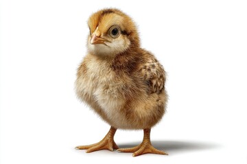 Obraz premium A close-up studio shot of a cute fluffy brown baby chick, standing upright and looking towards the left, on a clean white background with soft shadows.