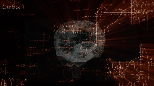 Semi-transparent 3D brain model glowing with floating integrals summations graphs and orange beams