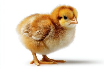 Fototapeta premium A fluffy baby chick with golden-brown feathers standing on a white surface looking curious, full body shot, cute animal, farm animal, poultry, newborn bird.