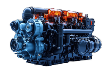 Blue and orange diesel engine with sleek design isolated on transparent background.