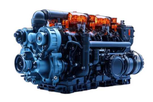 Blue and orange diesel engine with sleek design isolated on transparent background.