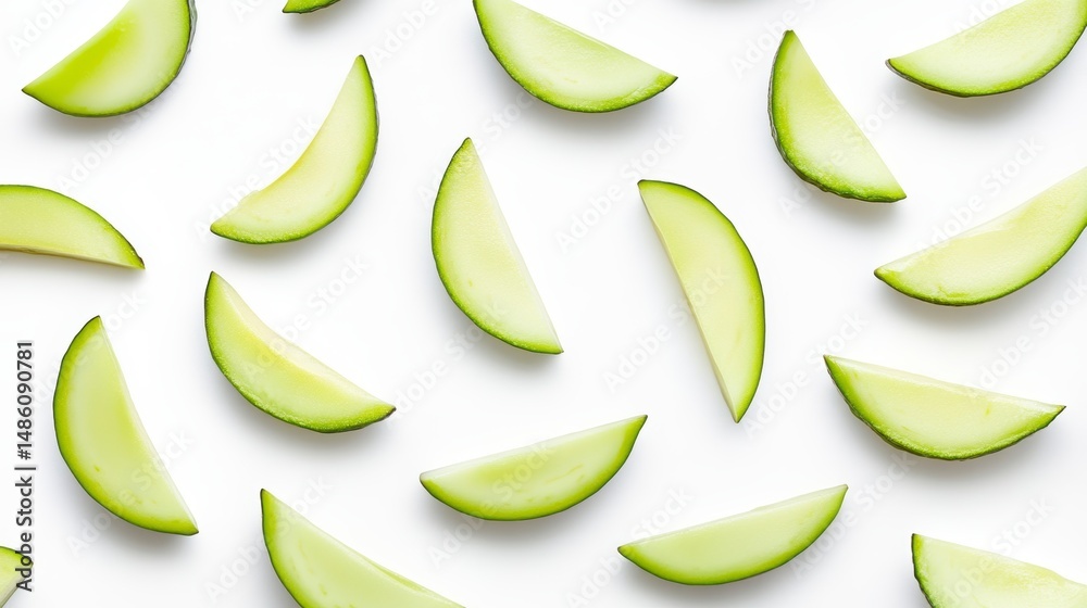 Poster flat lay of green mango slices arranged on white background.