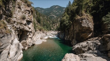 River Flowing Through Majestic Mountain Cliffs Landscape