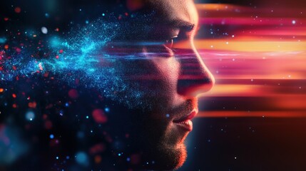 A glitching human figure phasing in and out of a digital universe