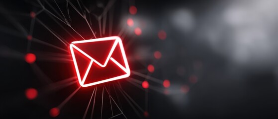 A glowing red envelope icon on a dark digital background, symbolizing email or electronic communication.