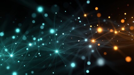 Fototapeta premium Abstract glowing lines and dots in blue and orange on a dark background, evoking a sense of technology and connectivity.