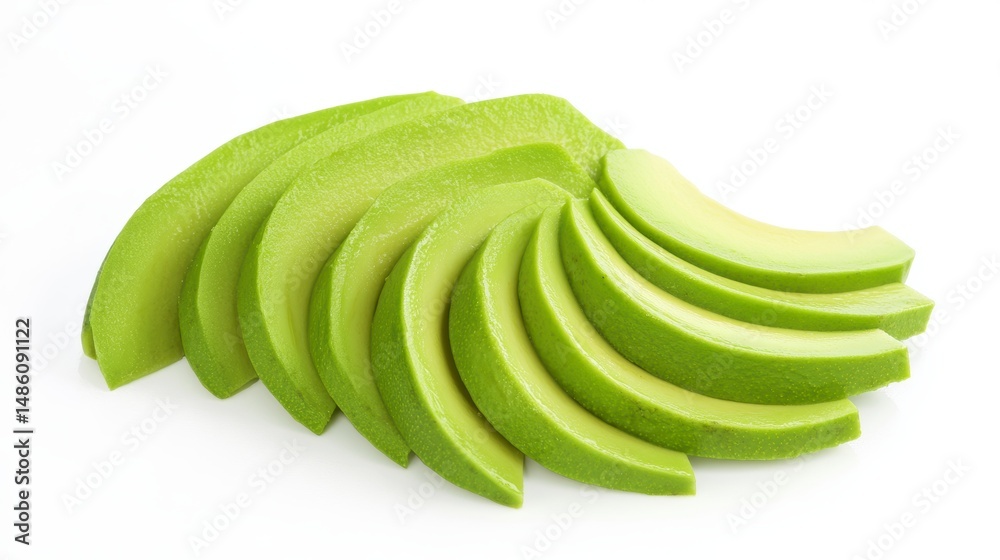Poster freshly sliced avocado pieces arranged in a semicircle on a white background.