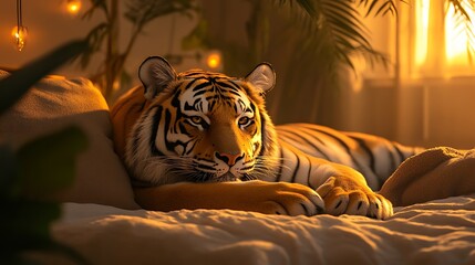 A peaceful tiger resting in a cozy, muted color palette