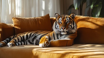 A peaceful tiger resting in a cozy, muted color palette
