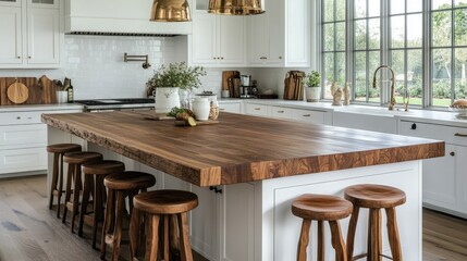 Large walnut kitchen island with white cabinets and stools.