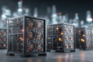 An array of server racks equipped with cooling fans and complex circuitry in a dark industrial setting, illuminating the blurry cityscape in the background.