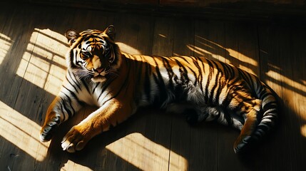 A peaceful tiger resting in a cozy, muted color palette