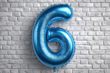 Shiny blue number six balloon floating against a weathered white brick wall, creating a celebratory atmosphere with a modern and minimalist aesthetic.