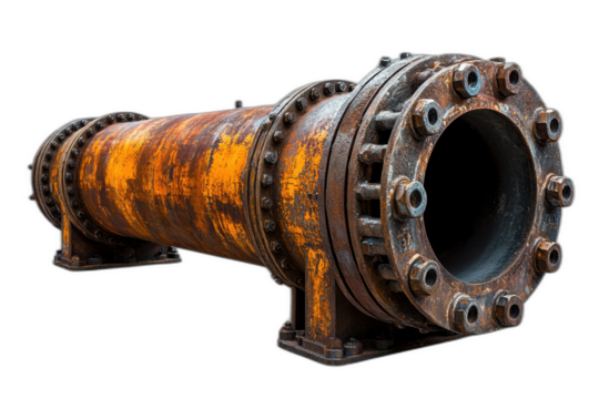 Large silver pipe with ridged design and visible valves, isolated on transparent background.