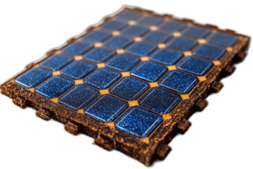 Close up of blue and brown mosaic tile with intricate geometric pattern isolated on transparent background.