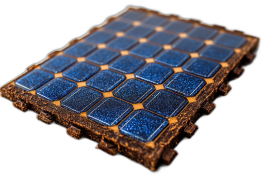 Close up of blue and brown mosaic tile with intricate geometric pattern isolated on transparent background.