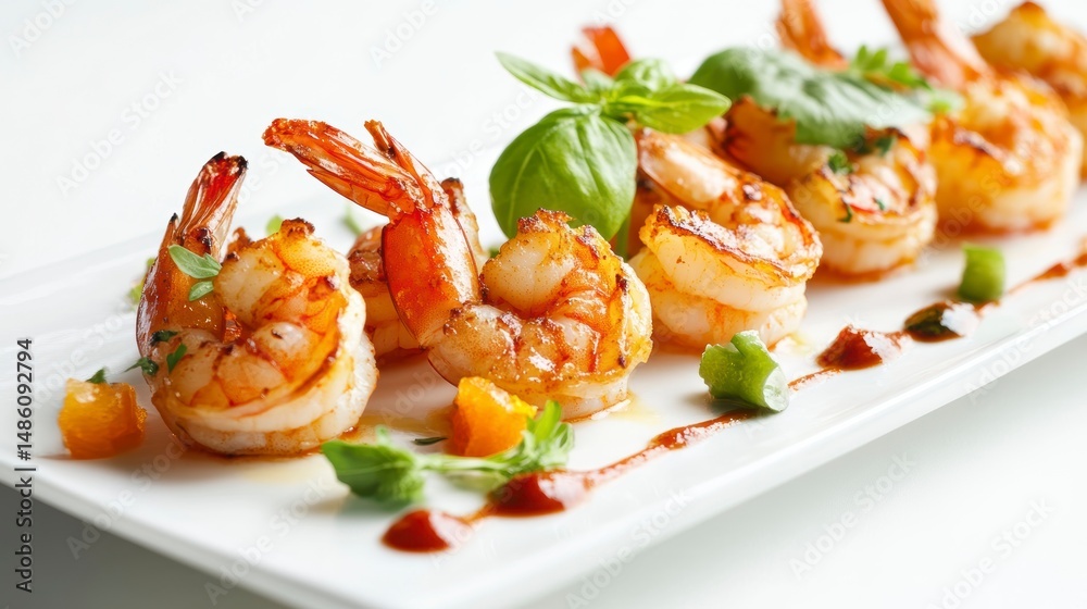 Aufkleber grilled shrimps with basil and orange sauce on a white rectangular plate.