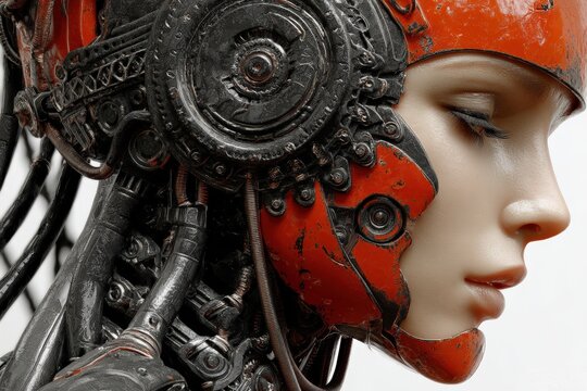 A futuristic cyborg woman with intricate red and metallic mechanical components fused to her face and head.