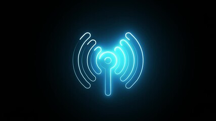 Bright neon wifi icon glows against a stark black backdrop, perfect for tech visuals. - Powered by Adobe