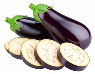 Whole eggplant with glossy deep purple skin and green calyx, placed next to sliced halves showing pale interior and seeds, isolated
