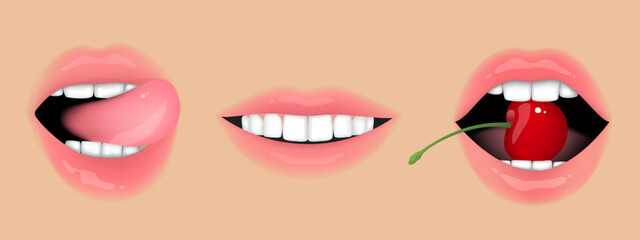 Beautiful female naturalistic lips in nude style, without makeup, on beige skin background. Smile, lips holds cherry, passion lips with tongue. Set of vector illustrations