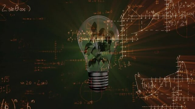 3D render portraying translucent bulb containing green sprout, with glowing math symbols floating - Powered by Adobe