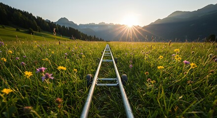 Dolly Track in Flower Field at Sunset