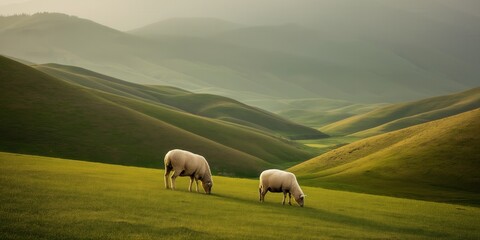 Obraz premium Scenic Irish landscape with sheep grazing on a backdrop of green hills. Green pastures and sheep in Irish countryside.