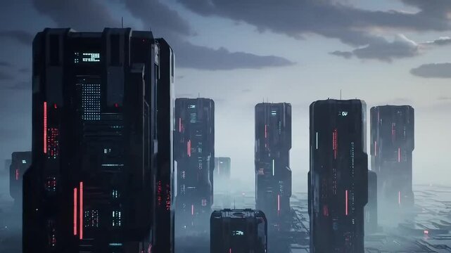 Futuristic Cityscape at Dawn: A breathtaking vista of towering, monolithic structures rises from the mist, glowing with internal lights at dawn, evoking a sense of awe and the promise of innovation. 