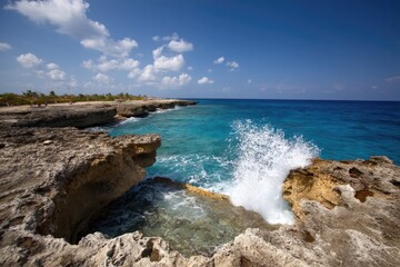 Naklejka premium Dramatic Caribbean Coastline with Splashing Turquoise Waters