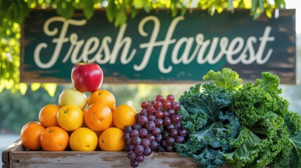 Colorful display of fresh fruits and vegetables at a local farmer's market showcasing seasonal produce in a vibrant outdoor setting