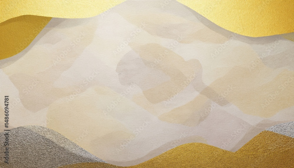 Poster abstract gold and beige wavy textured background for branding, luxury print, web design or product packaging with elegant metallic curves and soft neutral center for copy space text overlay

