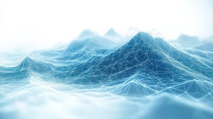 Obraz premium Abstract digital landscape with blue mountainous shapes formed by interconnected white network lines against a bright, soft background conveying a futuristic and technological atmosphere