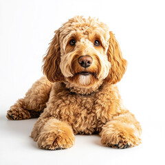 Fototapeta premium Goldendoodle Dog lying down and looking isolated on a white background 