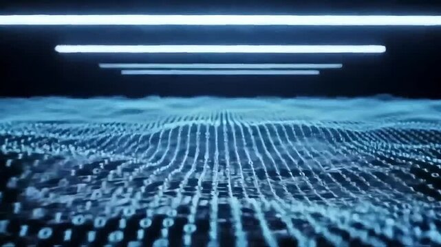 Digital Wave of Data: A mesmerizing visualization of a digital data stream, represented as a flowing wave of binary code and illuminated by ambient neon lights. A glimpse into the unseen.