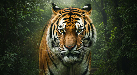 Fototapeta premium Majestic Tiger Staring Directly Amidst Dense Lush Green Jungle Foliage