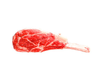 Fancy raw tomahawk beef steak on white background. High quality and top price red meat on the bone...