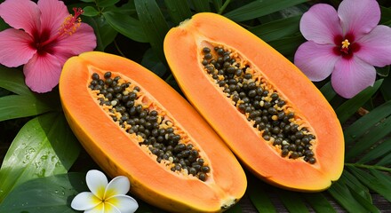 Papaya with Flower and Green Leaf